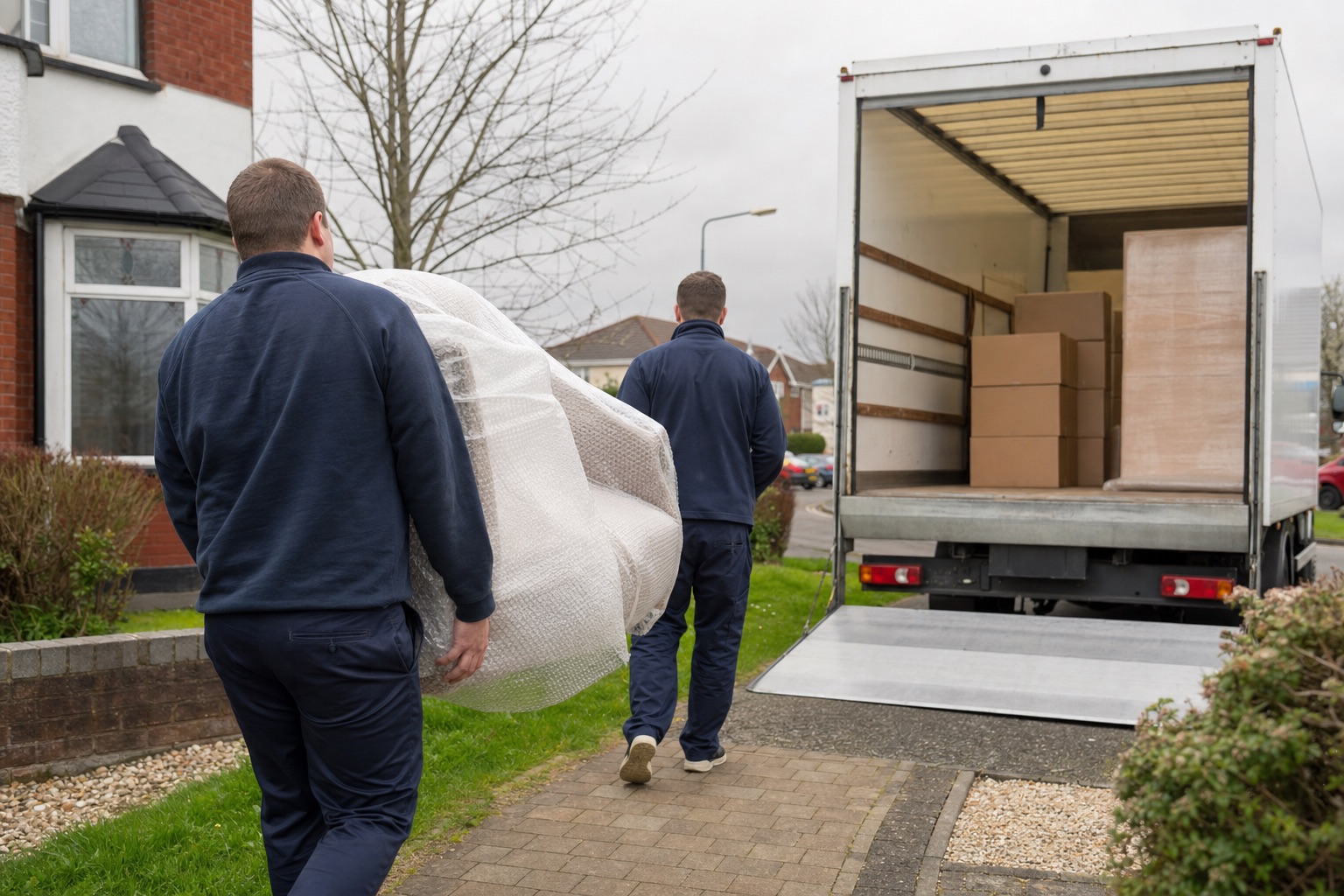 Movers carrying a wrapped armchair from a house to the van